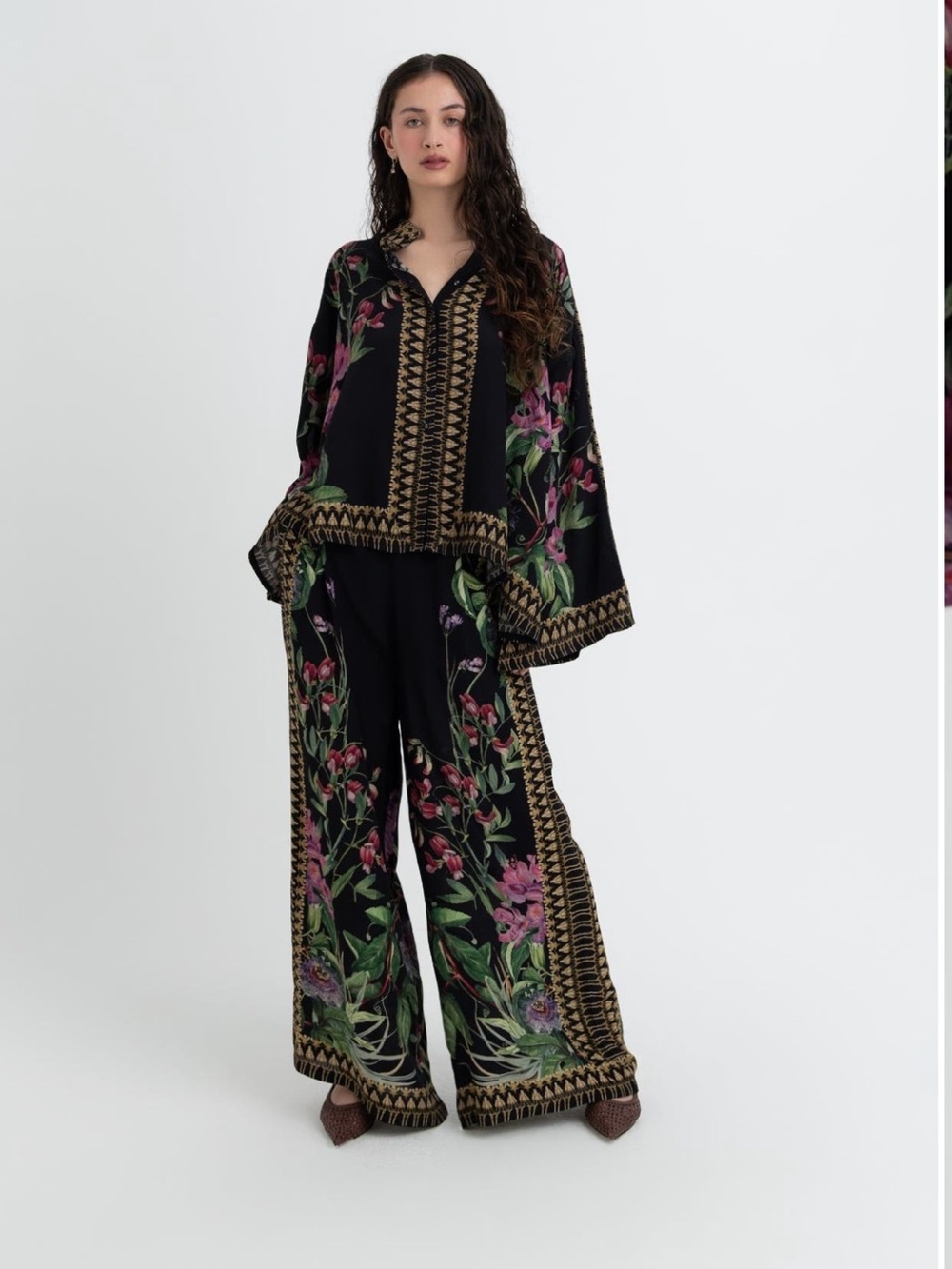 Black Floral Button-Up Blouse with Gold Trim Detail